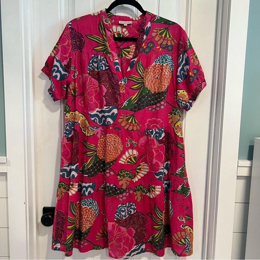 Fitzroy & Willa Vibrant Pink Floral 100% Cotton Mini Dress. Size‎ Medium.